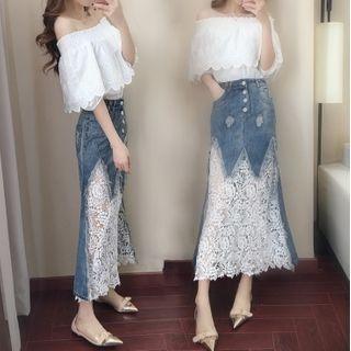 Lace Panel Denim A-line Midi Skirt