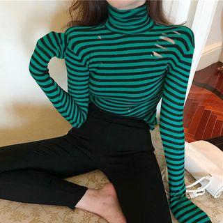 Long-sleeve Turtleneck Cut Out Striped T-shirt