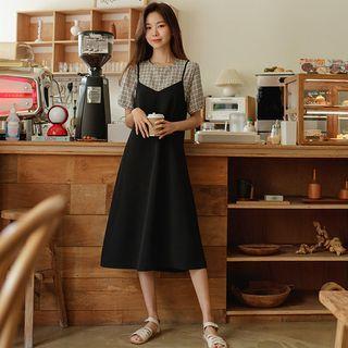 Set: V-neck Midi Overall Dress + Checked Blouse