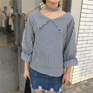 3/4-sleeve V-neck Pinstriped Blouse