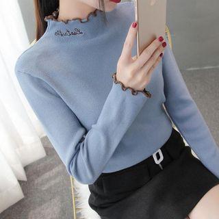 Mock Neck Frill Trim Letter Embroidered Knit Top