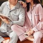 Couple Matching Loungewear Set : Contrast Trim Long-sleeve Shirt + Pants