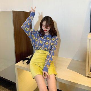 Flower Print Collared Sweater / Corduroy Mini A-line Skirt