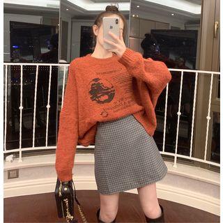 Loose-fit Printed Knit Sweater / Checker Mini Skirt