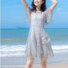 Set: Short-sleeve Mini A-line Mesh Dress + Camisole