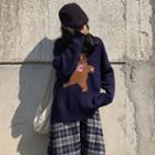 Bear Print Sweater / Plaid Midi A-line Skirt