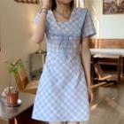 Short-sleeve Peter Pan-collar Plaid Mini A-line Dress