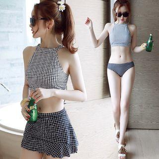 Set Of 3: Plaid Tankini Top + Swim Bottom + Swim Skirt