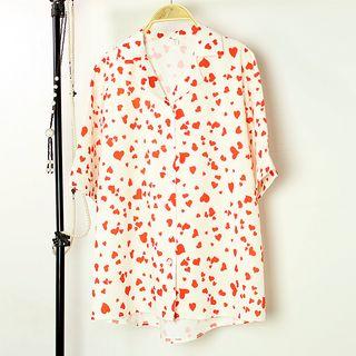 Short-sleeve Heart Pattern Notch Lapel Shirt