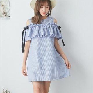 Short-sleeve Ruffle Stripe Cold Shoulder A-line Dress