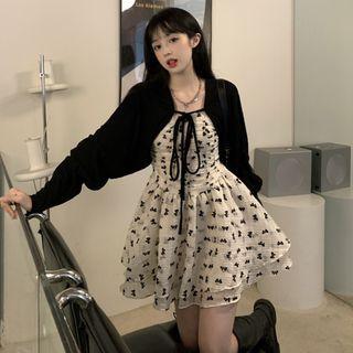 Spaghetti Strap Bow Print A-line Dress / Cardigan