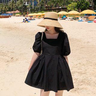 Plain Puff-sleeve A-line Mini Dress Black - One Size