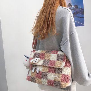 Color Block Plaid Fleece Messenger Bag
