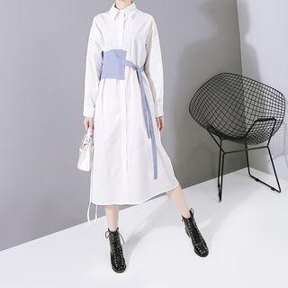 Mock Two-piece Long-sleeve Midi Shirtdress White - One Size