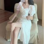 Puff-sleeve Slim-fit Slit Dress