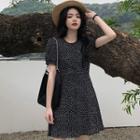 Puff-sleeve Round Neck Dotted Mini A-line Dress Black - One Size
