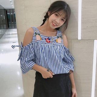 Short-sleeve Off-shoulder Embroidered Sheath Top