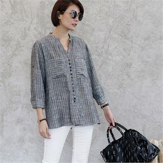 Open-placket Striped Linen Blend Blouse