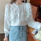 Long-sleeve Round Neck Panel Lace Trim Plain Shirt