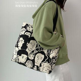 Cartoon Print Canvas Tote Bag Off-white & Black - One Size
