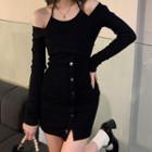 Mock Two-piece Long-sleeve Cold Shoulder Mini Bodycon Dress Black - One Size