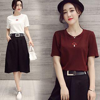 Set: Short-sleeve Knit T-shirt + Midi A-line Skirt