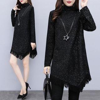 Mock-turtleneck Long-sleeve Glitter A-line Dress