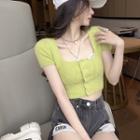 Short-sleeve Button-up Knit Crop Top Green - One Size