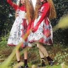 Spaghetti Strap Graphic Print A-line Lolita Dress / Asymmetrical Vest