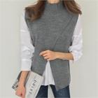 Mock-neck Wool Blend Knit Wrap Vest