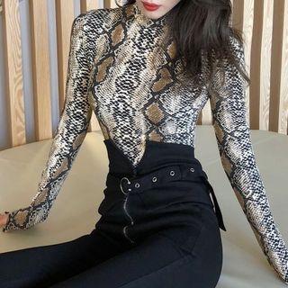 Long-sleeve Mock-neck Snake Print T-shirt
