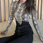 Long-sleeve Mock-neck Snake Print T-shirt