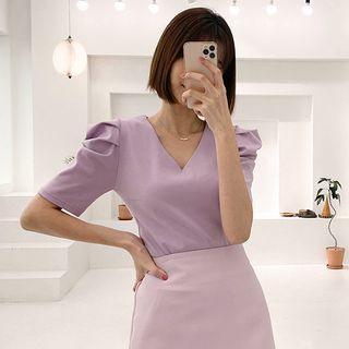 V-neck Puff-shoulder Top Light Purple - One Size
