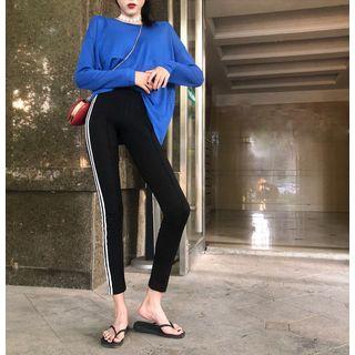 Plain Cutout Long-sleeve T-shirt / High-waist Sweatshorts