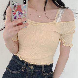 Set: Ruffled-trim Crop T-shirt + Casmiole