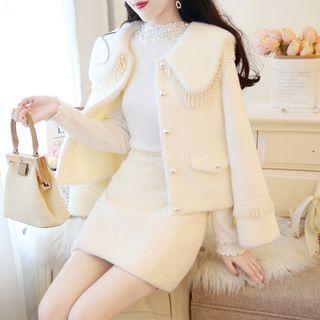 Set: Faux Pearl Trim Buttoned Jacket + Mini A-line Skirt