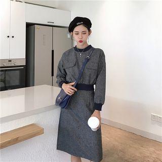 Round-neck Long-sleeve Cropped Top / High-waist Pencil Skirt