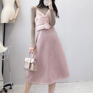 Set: Mock-neck Long-sleeve Knit Top + Furry Spaghetti Strap A-line Dress