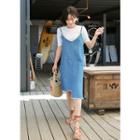 Spaghetti-strap Asymmetric-hem Fringe-edge Denim Dress