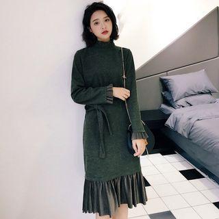 Mock Two-piece Ruffle Hem Long-sleeve Midi Dress