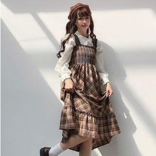 Ruffle Mock-neck Blouse / Plaid Sleeveless Dress