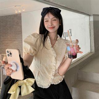 V-neck Ruffled Shirt Almond - One Size