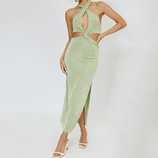 Halter-neck Knotted Cutout Midi Sheath Dress