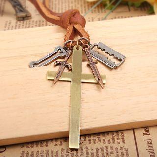 Genuine Leather Cross Pendant Necklace As Shown In Figure - One Size