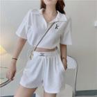 Short-sleeve Lettering Embroidered Polo Crop Top / Shorts