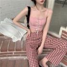 Lace-up Cropped Camisole Top / Plaid High-waist Wide-leg Pants