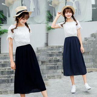 Short-sleeve Crewneck Chiffon Sheath Plain Panel Slim Long Dress