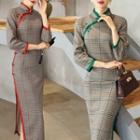 Traditional Chinese Long-sleeve Plaid Midi Dress