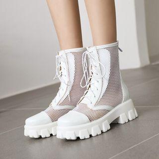 Platform Fishnet Panel Lace-up Short Boots