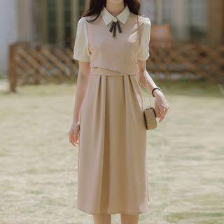 Short-sleeve Collar Crisscross Midi A-line Dress